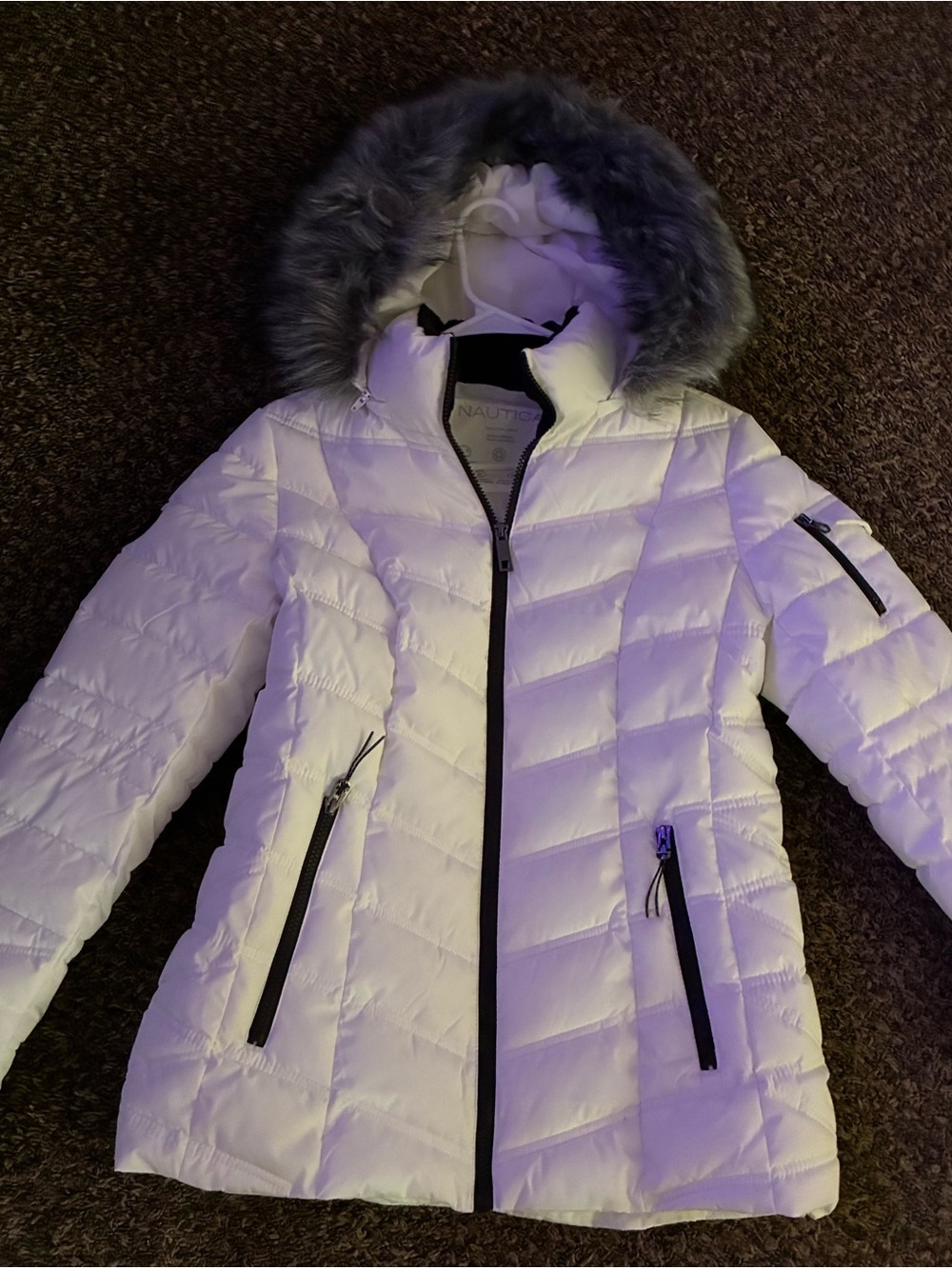 Nautica White Quilted Hooded Puffer Coat with Gray Faux Fur Trim